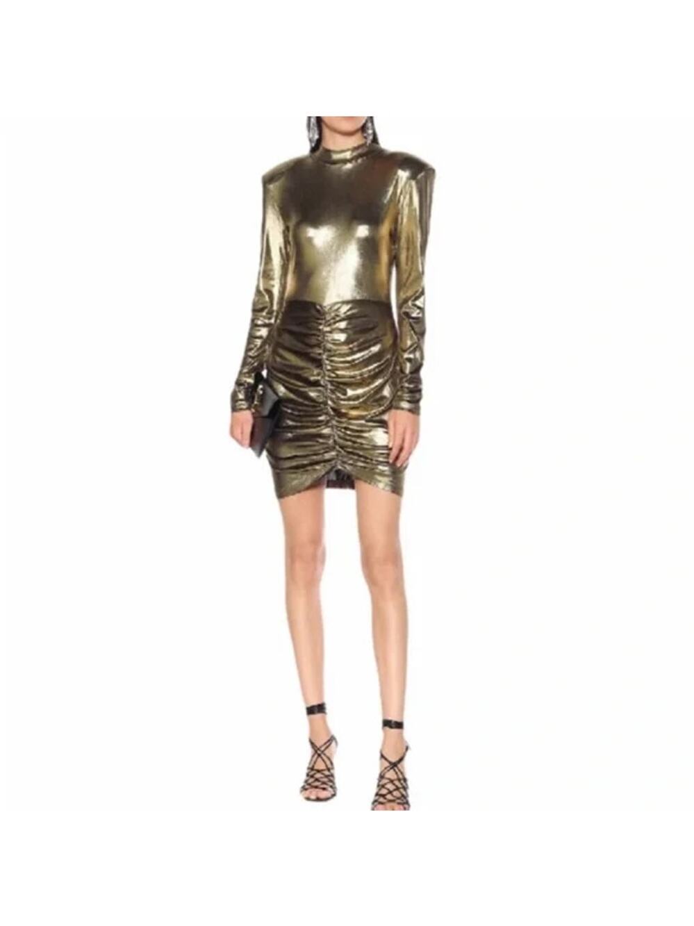 Rotate Birger Christensen Minnie Metallic Gold Lame Mini Dress Ruched SZ M
